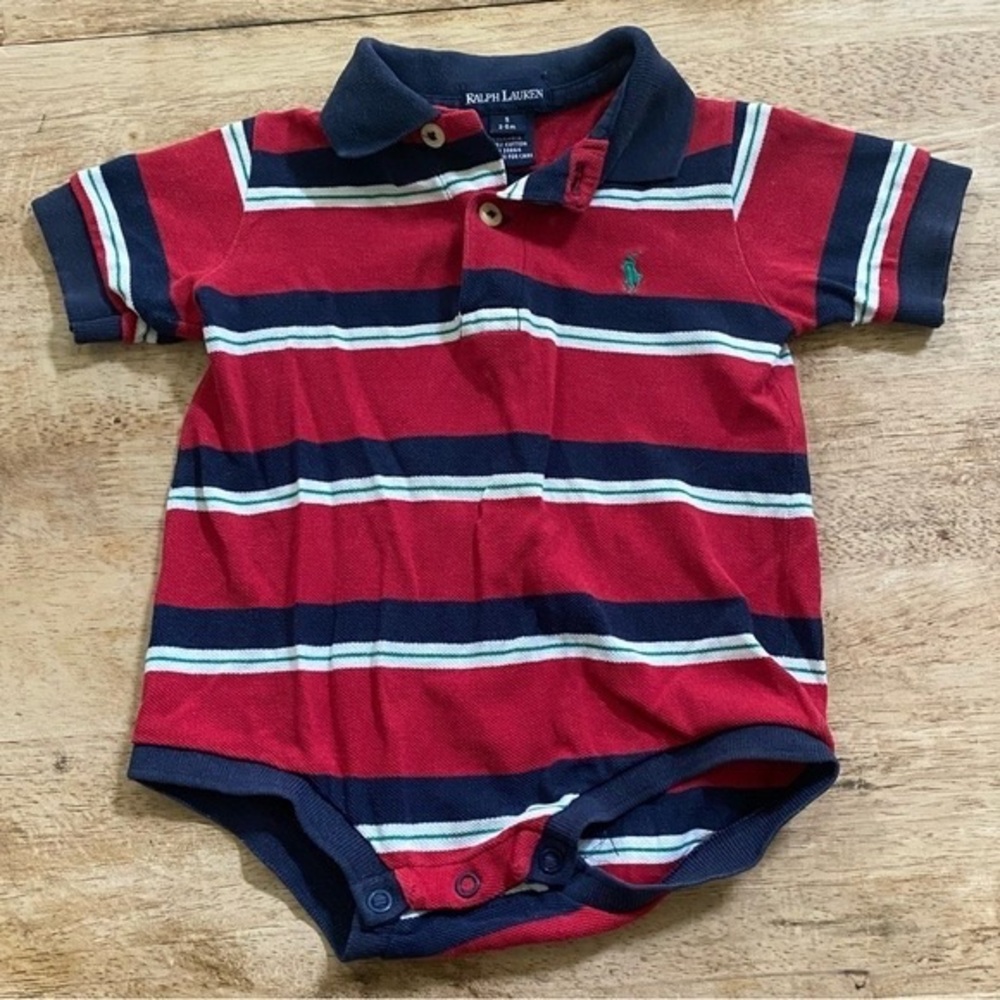 Polo by Ralph Lauren Red, Navy & White Striped Polo Baby Onesie